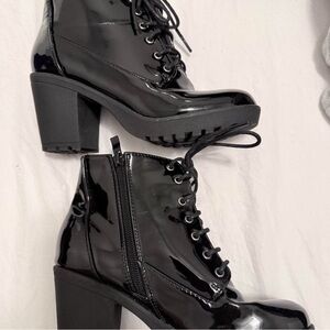 Black Patent Lace-Up Block Heel Booties
